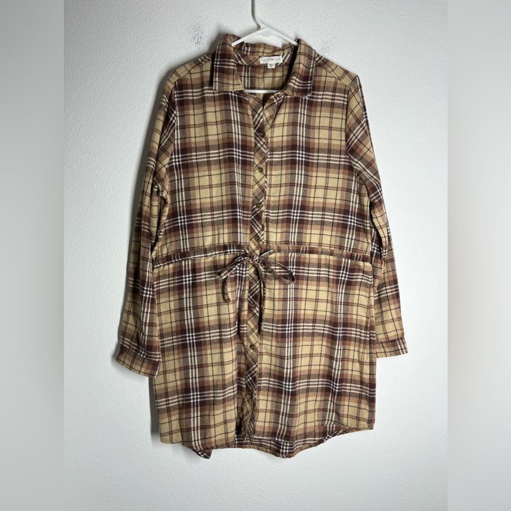 Ultra Flirt Plaid Shirt Flannel Dress Button Down Long Sleeve Tan Brown Size XL